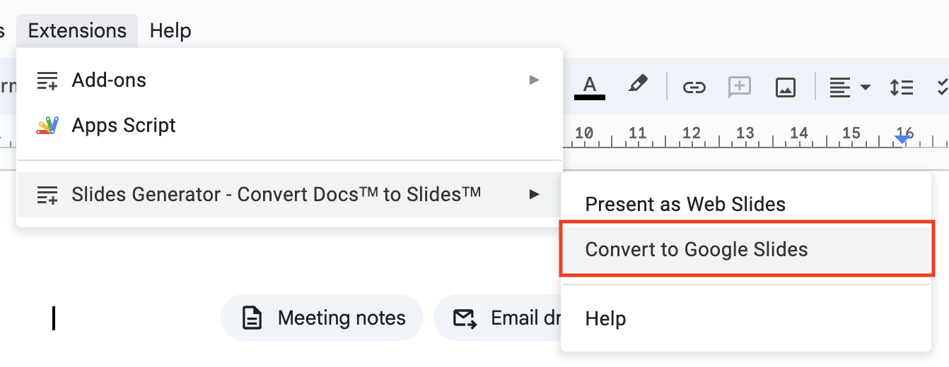 Convert to Google Slides Extensions Menu