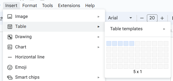 Inserting Table in Google Docs