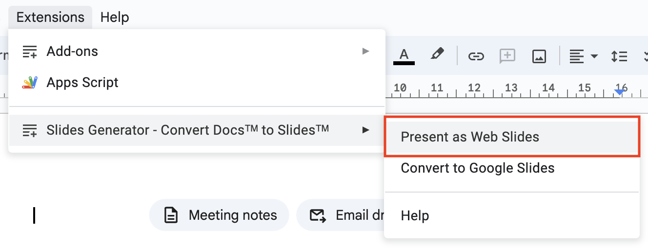 Present as Web Slides Slides Extensions Menu