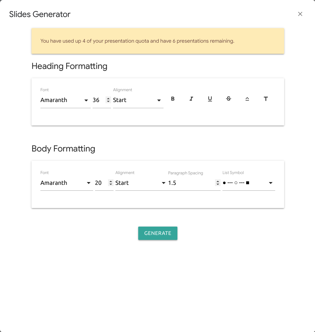 Select Slide Formatting Modal