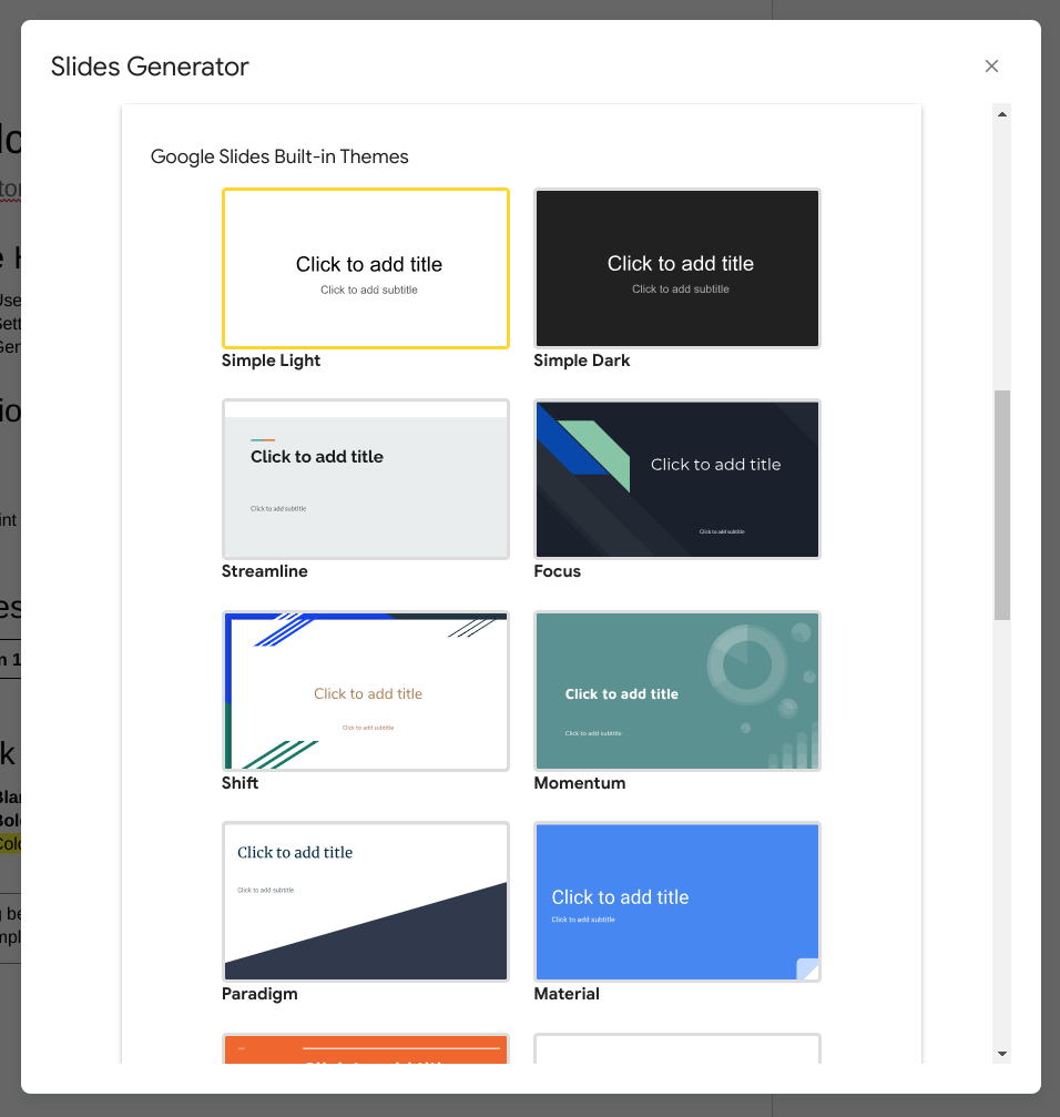 Slides Generator Upfront Theme Selection